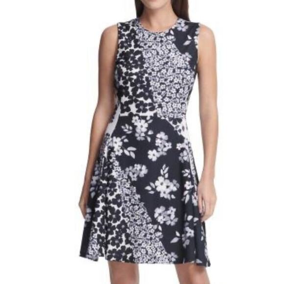 DKNY Women's Ivory Multi Asymmetrical Floral Sleeveless Fit & Flare Dress sz 2 - Picture 2 of 6